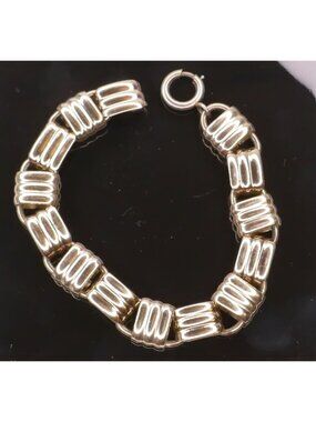 VTG Napier Sterling Silver Vermeil Ribbed Tube Modernist Link Bracelet 8 In
